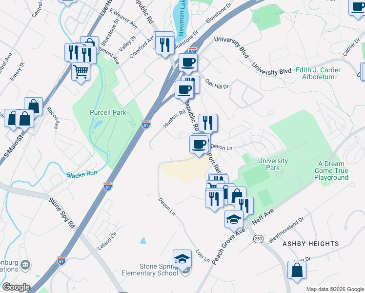 map of restaurants, bars, coffee shops, grocery stores, and more near 1366 Bradley Drive in Harrisonburg