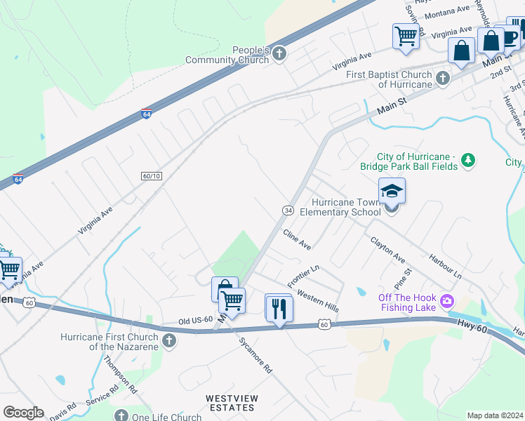 map of restaurants, bars, coffee shops, grocery stores, and more near in Hurricane