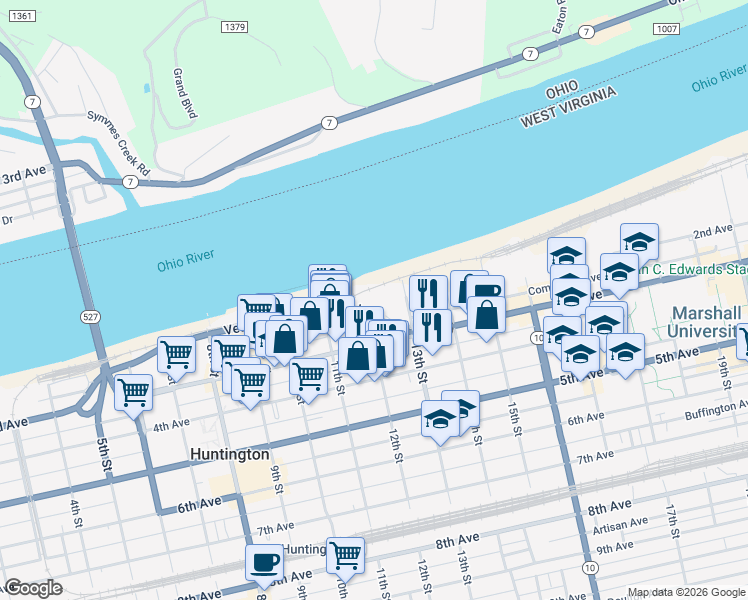 map of restaurants, bars, coffee shops, grocery stores, and more near 101 13th Street in Huntington