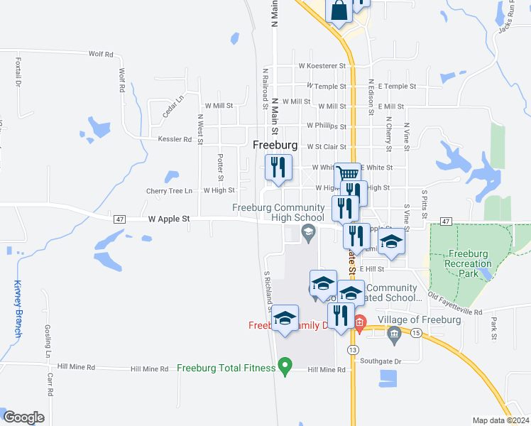 map of restaurants, bars, coffee shops, grocery stores, and more near 409 West Washington Street in Freeburg