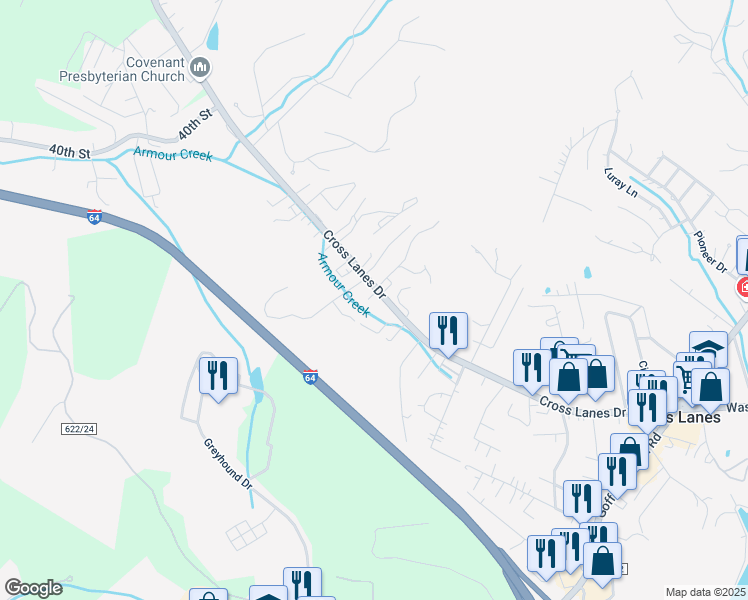 map of restaurants, bars, coffee shops, grocery stores, and more near 642 Cross Lanes Drive in Nitro