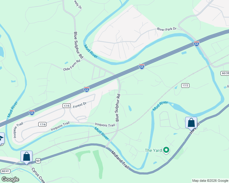 map of restaurants, bars, coffee shops, grocery stores, and more near 3541 Blue Sulphur Rd in Ona