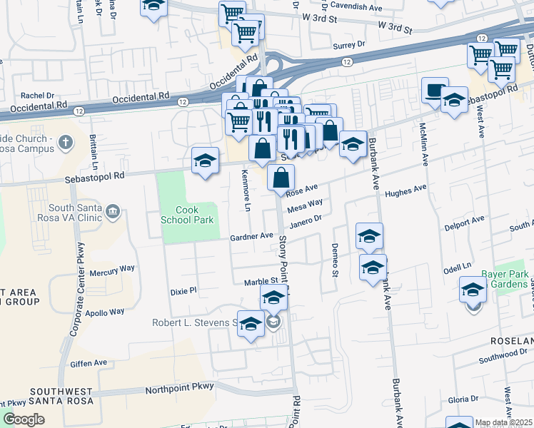 map of restaurants, bars, coffee shops, grocery stores, and more near 2108 Mesa Way in Santa Rosa