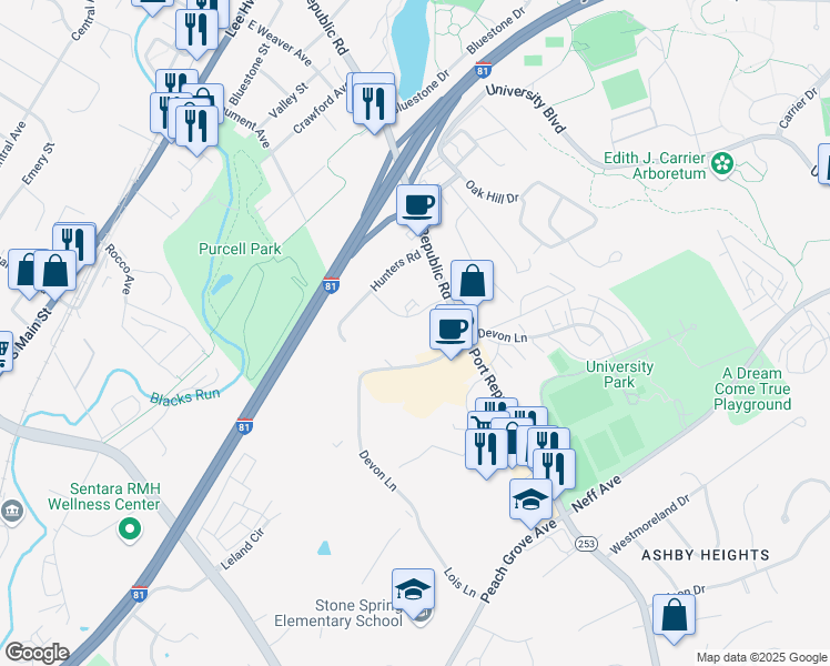 map of restaurants, bars, coffee shops, grocery stores, and more near 1392 Bradley Drive in Harrisonburg