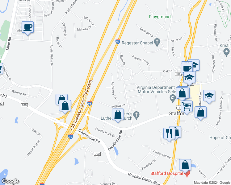 map of restaurants, bars, coffee shops, grocery stores, and more near 14 Appletree Lane in Stafford