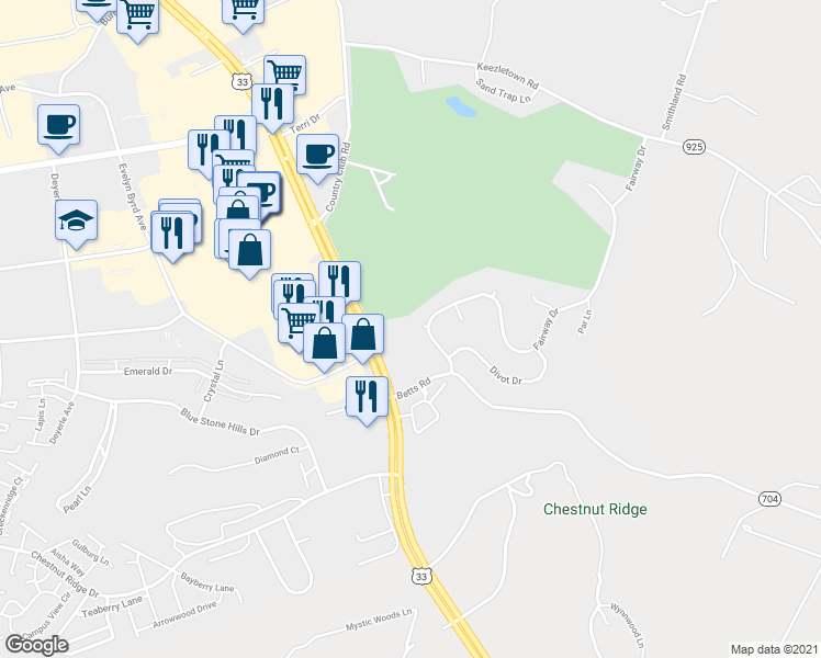 map of restaurants, bars, coffee shops, grocery stores, and more near 133 The Tee in Harrisonburg