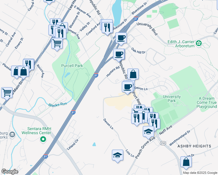 map of restaurants, bars, coffee shops, grocery stores, and more near 1466 Bradley Drive in Harrisonburg