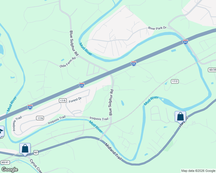map of restaurants, bars, coffee shops, grocery stores, and more near 3541 Blue Sulphur Rd in Ona