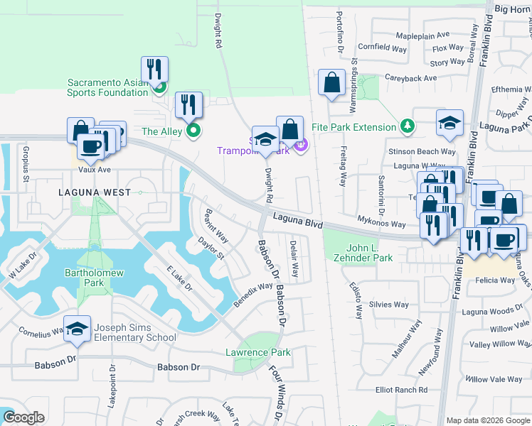 map of restaurants, bars, coffee shops, grocery stores, and more near Laguna Boulevard & Babson Drive in Elk Grove