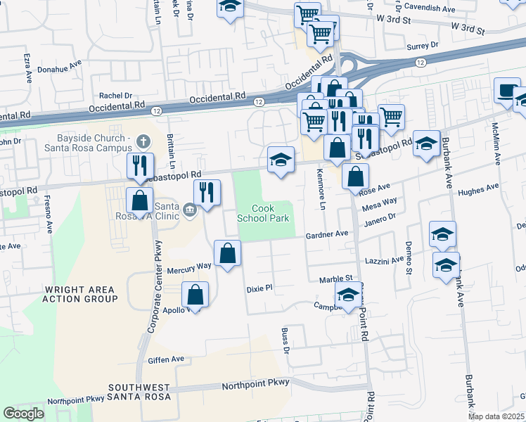 map of restaurants, bars, coffee shops, grocery stores, and more near 2525 Gardner Avenue in Santa Rosa