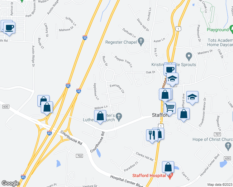 map of restaurants, bars, coffee shops, grocery stores, and more near 114 Douglas Drive in Stafford