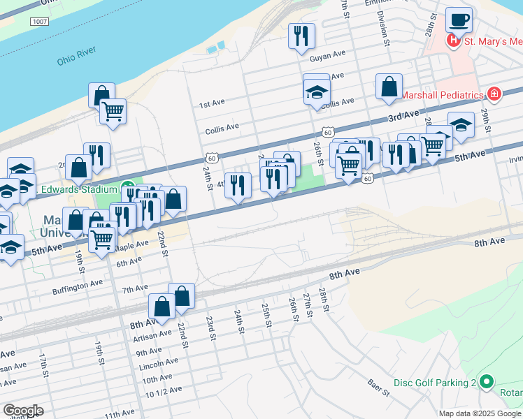 map of restaurants, bars, coffee shops, grocery stores, and more near R 5th Avenue in Huntington