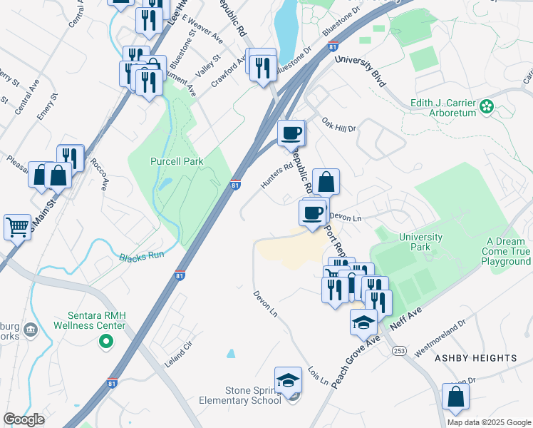 map of restaurants, bars, coffee shops, grocery stores, and more near 1468 Bradley Drive in Harrisonburg