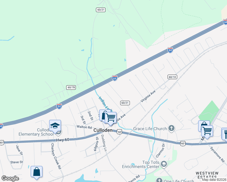 map of restaurants, bars, coffee shops, grocery stores, and more near 139 1st Street East in Culloden