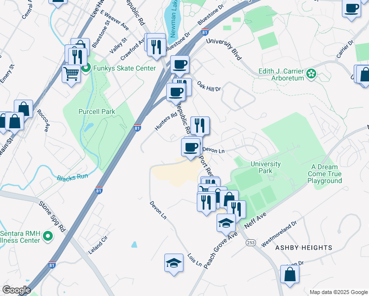 map of restaurants, bars, coffee shops, grocery stores, and more near 1366 Bradley Drive in Harrisonburg