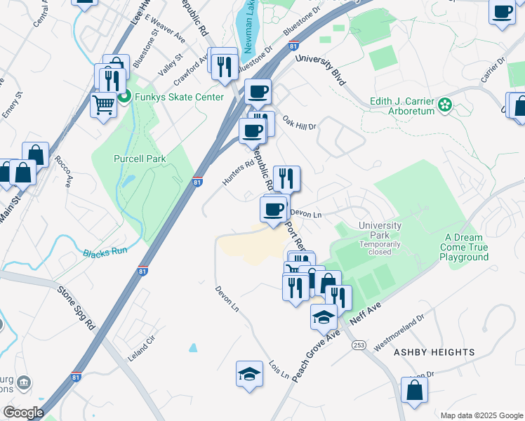 map of restaurants, bars, coffee shops, grocery stores, and more near 1366 Bradley Drive in Harrisonburg