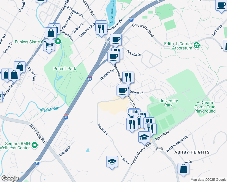map of restaurants, bars, coffee shops, grocery stores, and more near 1366 Bradley Drive in Harrisonburg