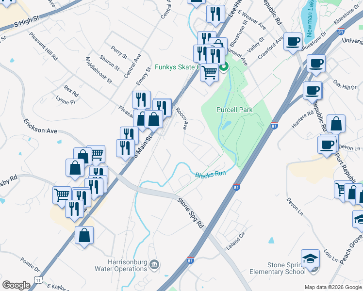 map of restaurants, bars, coffee shops, grocery stores, and more near 576 Pheasant Run Circle in Harrisonburg