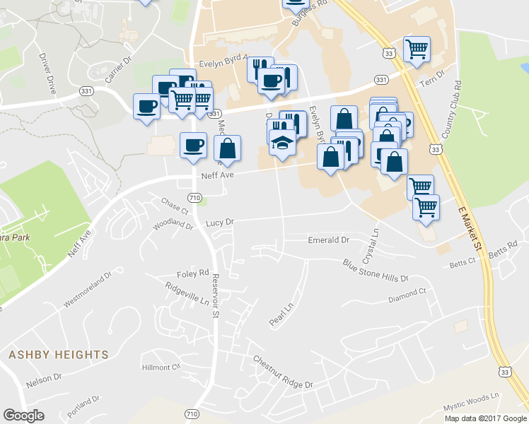 map of restaurants, bars, coffee shops, grocery stores, and more near 339 Lucy Drive in Harrisonburg