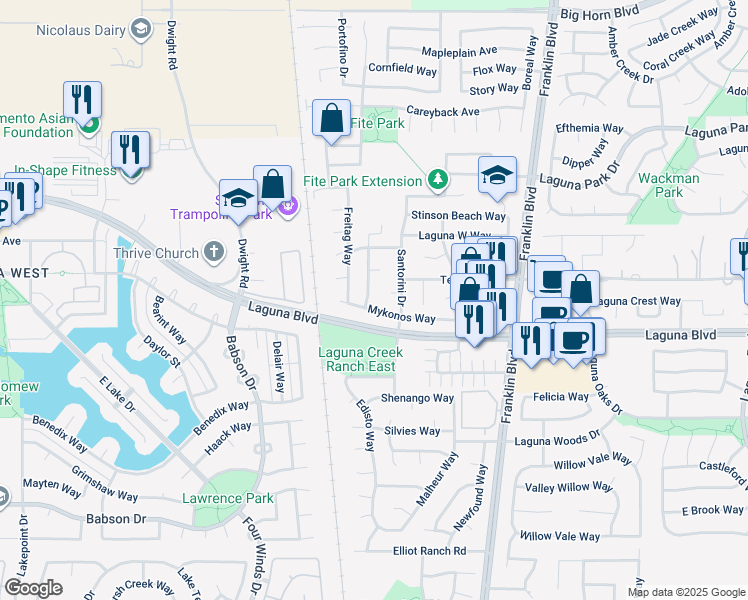 map of restaurants, bars, coffee shops, grocery stores, and more near 9171 Naxos Way in Elk Grove