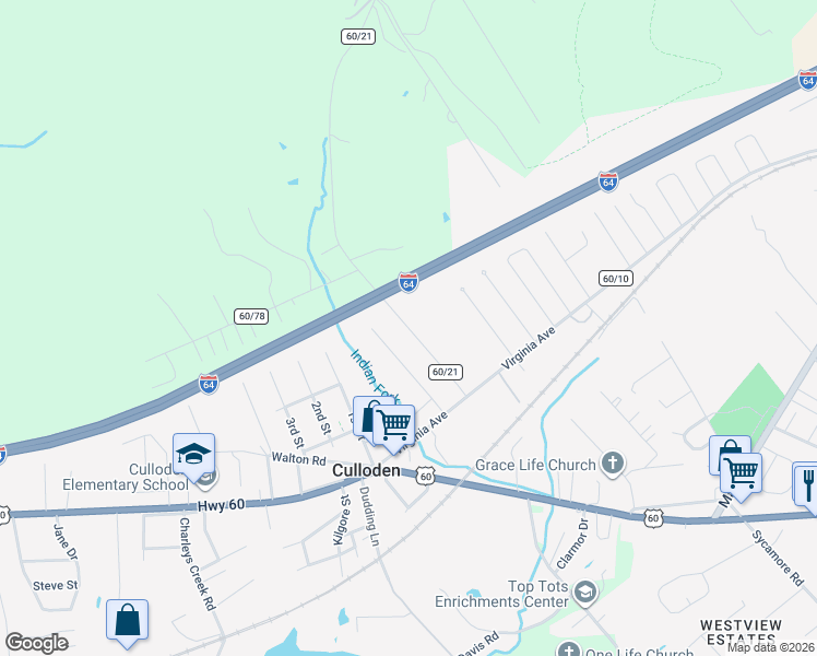 map of restaurants, bars, coffee shops, grocery stores, and more near County Road 60/21 in Culloden