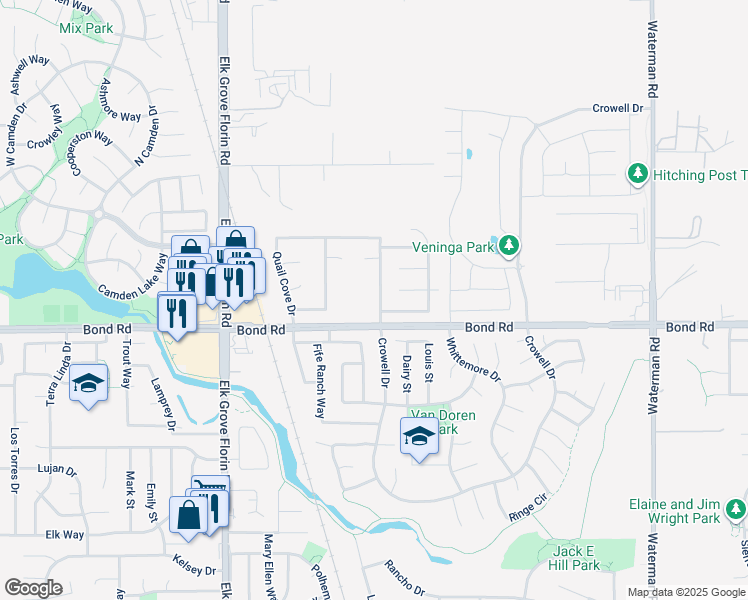 map of restaurants, bars, coffee shops, grocery stores, and more near 9188 Quail Cove Drive in Elk Grove
