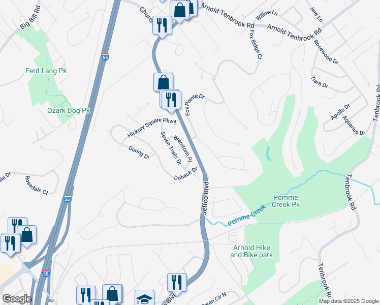 map of restaurants, bars, coffee shops, grocery stores, and more near 347 Bramtonn Place in Arnold