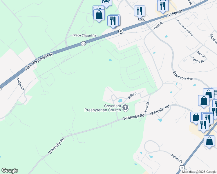 map of restaurants, bars, coffee shops, grocery stores, and more near 1022 Ruby Drive in Harrisonburg