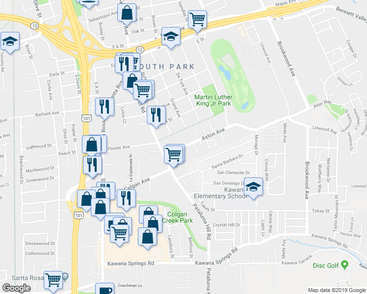 map of restaurants, bars, coffee shops, grocery stores, and more near 706 Aston Avenue in Santa Rosa