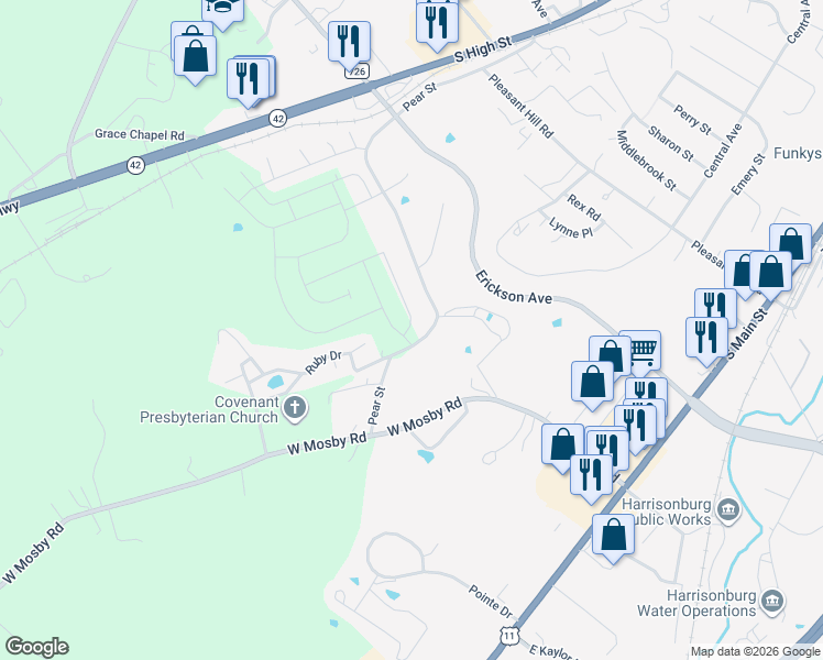 map of restaurants, bars, coffee shops, grocery stores, and more near 2-66 Pear Street in Harrisonburg