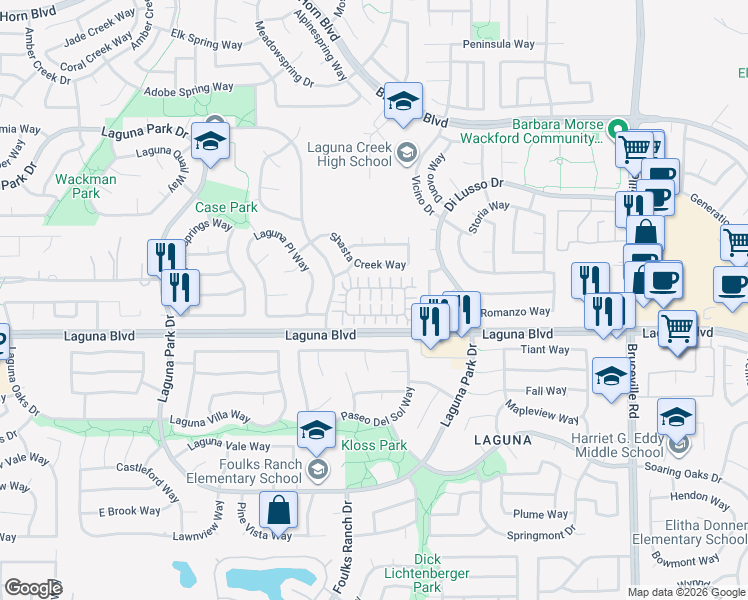map of restaurants, bars, coffee shops, grocery stores, and more near 6453 Laguna Mirage Lane in Elk Grove