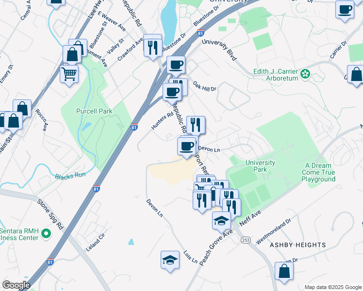 map of restaurants, bars, coffee shops, grocery stores, and more near 1342 Bradley Drive in Harrisonburg