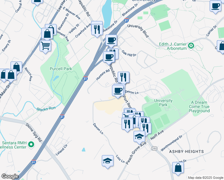map of restaurants, bars, coffee shops, grocery stores, and more near 1366 Bradley Drive in Harrisonburg