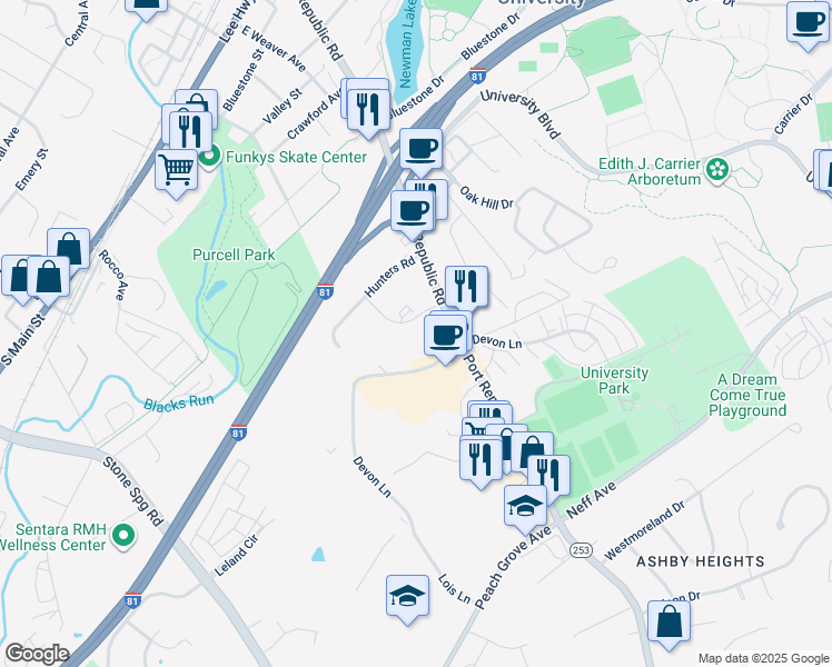 map of restaurants, bars, coffee shops, grocery stores, and more near 1366 Bradley Drive in Harrisonburg