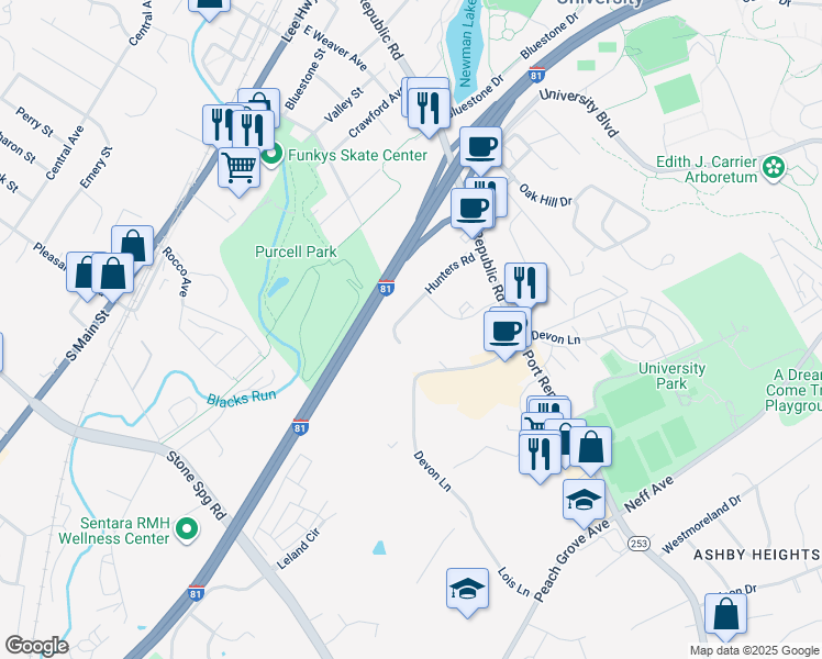 map of restaurants, bars, coffee shops, grocery stores, and more near 1380 Hunters Road in Harrisonburg