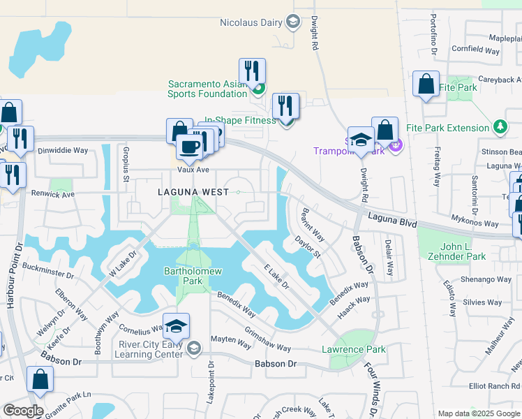 map of restaurants, bars, coffee shops, grocery stores, and more near 3300 Renwick Avenue in Elk Grove