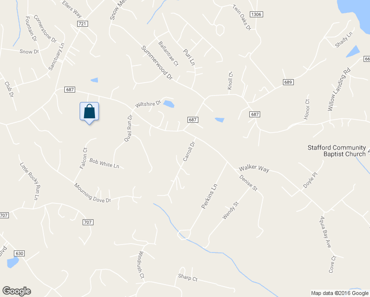 map of restaurants, bars, coffee shops, grocery stores, and more near 4 Carroll Drive in Stafford