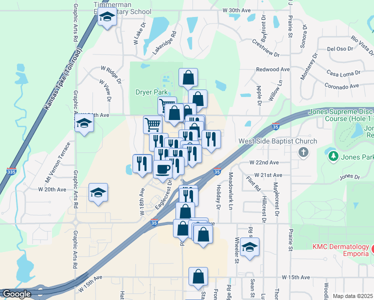 map of restaurants, bars, coffee shops, grocery stores, and more near 2200 Industrial Road in Emporia
