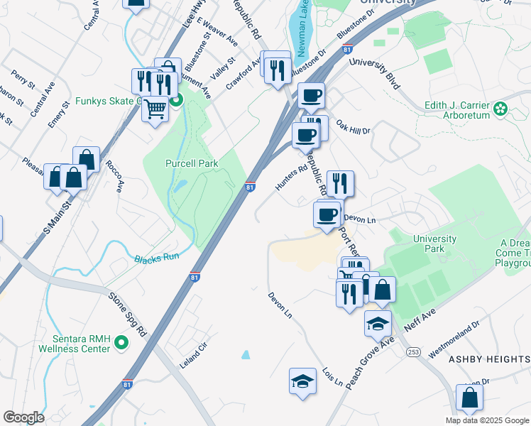 map of restaurants, bars, coffee shops, grocery stores, and more near 1372 Hunters Road in Harrisonburg