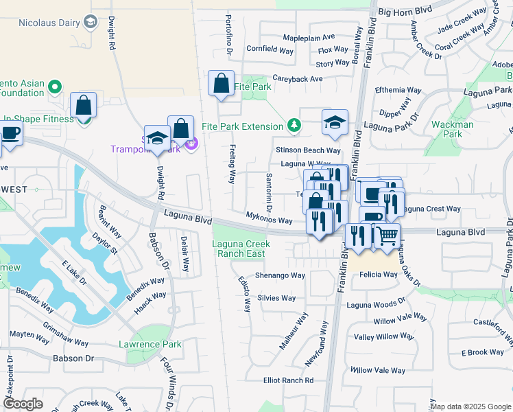 map of restaurants, bars, coffee shops, grocery stores, and more near 4415 Mykonos Way in Elk Grove