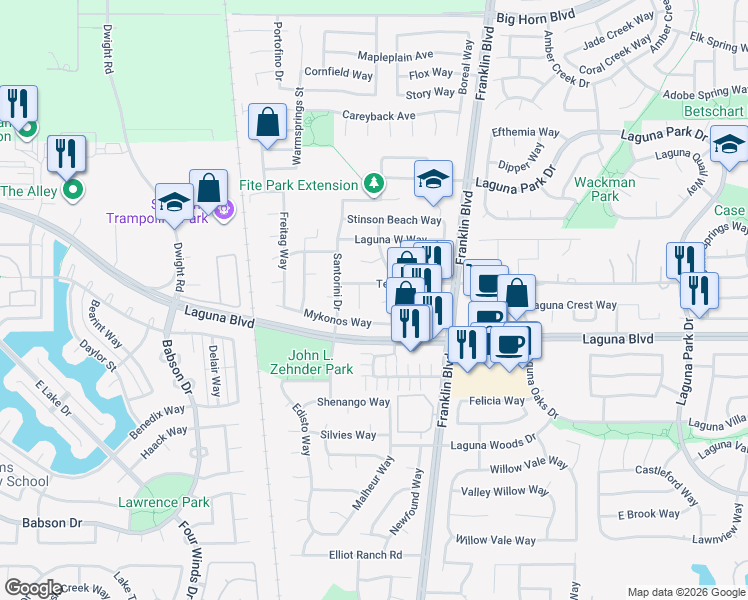 map of restaurants, bars, coffee shops, grocery stores, and more near 4513 Mykonos Way in Elk Grove