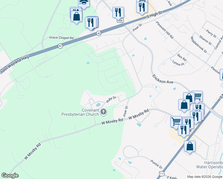 map of restaurants, bars, coffee shops, grocery stores, and more near 764 Ruby Drive in Harrisonburg