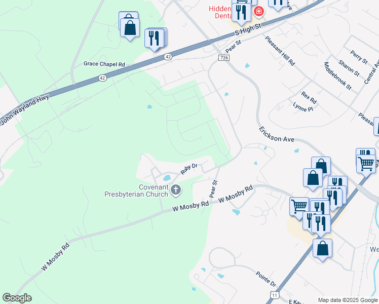 map of restaurants, bars, coffee shops, grocery stores, and more near 745 Wingtip Way in Harrisonburg