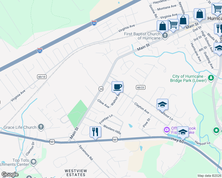 map of restaurants, bars, coffee shops, grocery stores, and more near 123 Walnut St in Hurricane