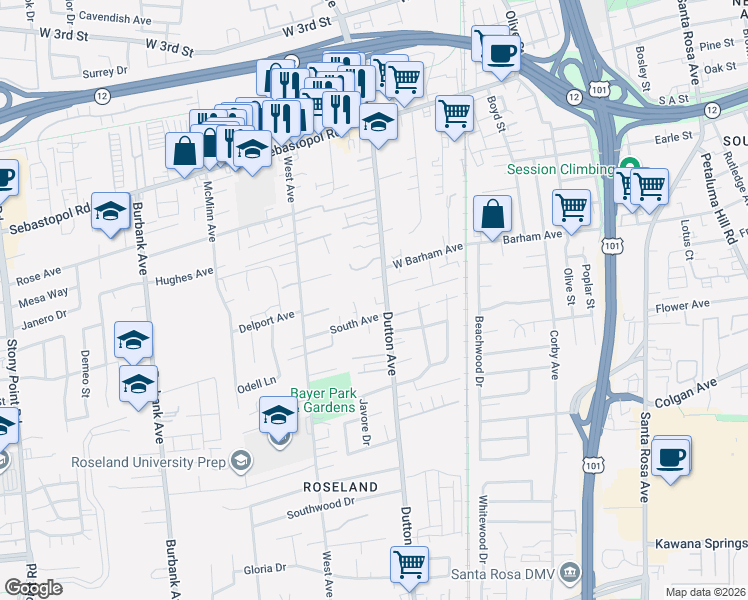 map of restaurants, bars, coffee shops, grocery stores, and more near 519 South Avenue in Santa Rosa