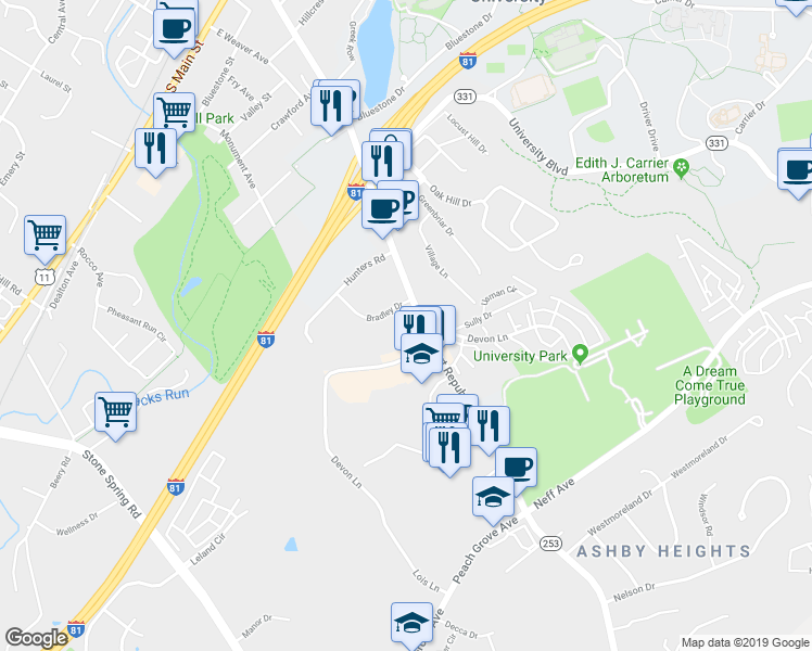 map of restaurants, bars, coffee shops, grocery stores, and more near 1366 Bradley Drive in Harrisonburg