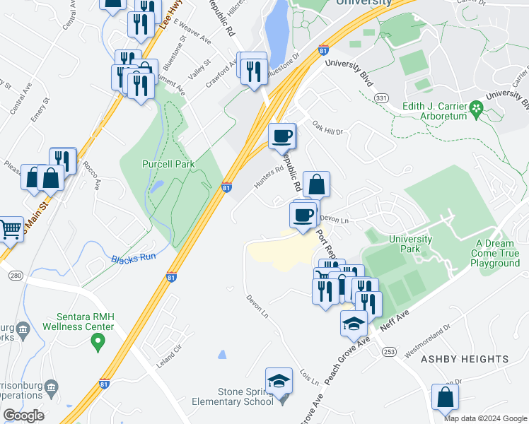 map of restaurants, bars, coffee shops, grocery stores, and more near 1446 Bradley Drive in Harrisonburg