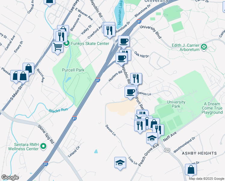 map of restaurants, bars, coffee shops, grocery stores, and more near 1446 Bradley Drive in Harrisonburg