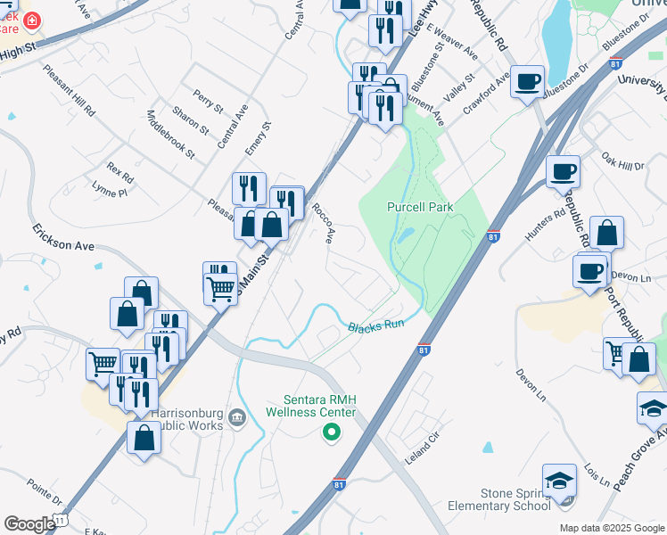 map of restaurants, bars, coffee shops, grocery stores, and more near 576 Pheasant Run Circle in Harrisonburg