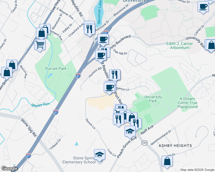 map of restaurants, bars, coffee shops, grocery stores, and more near 1336 Bradley Drive in Harrisonburg